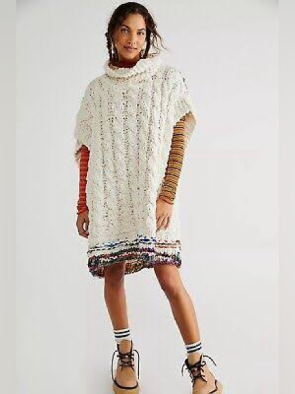 Free People Sari Not Sari Oversized Chunky Knit Sweater Heavy Boho Turtleneck